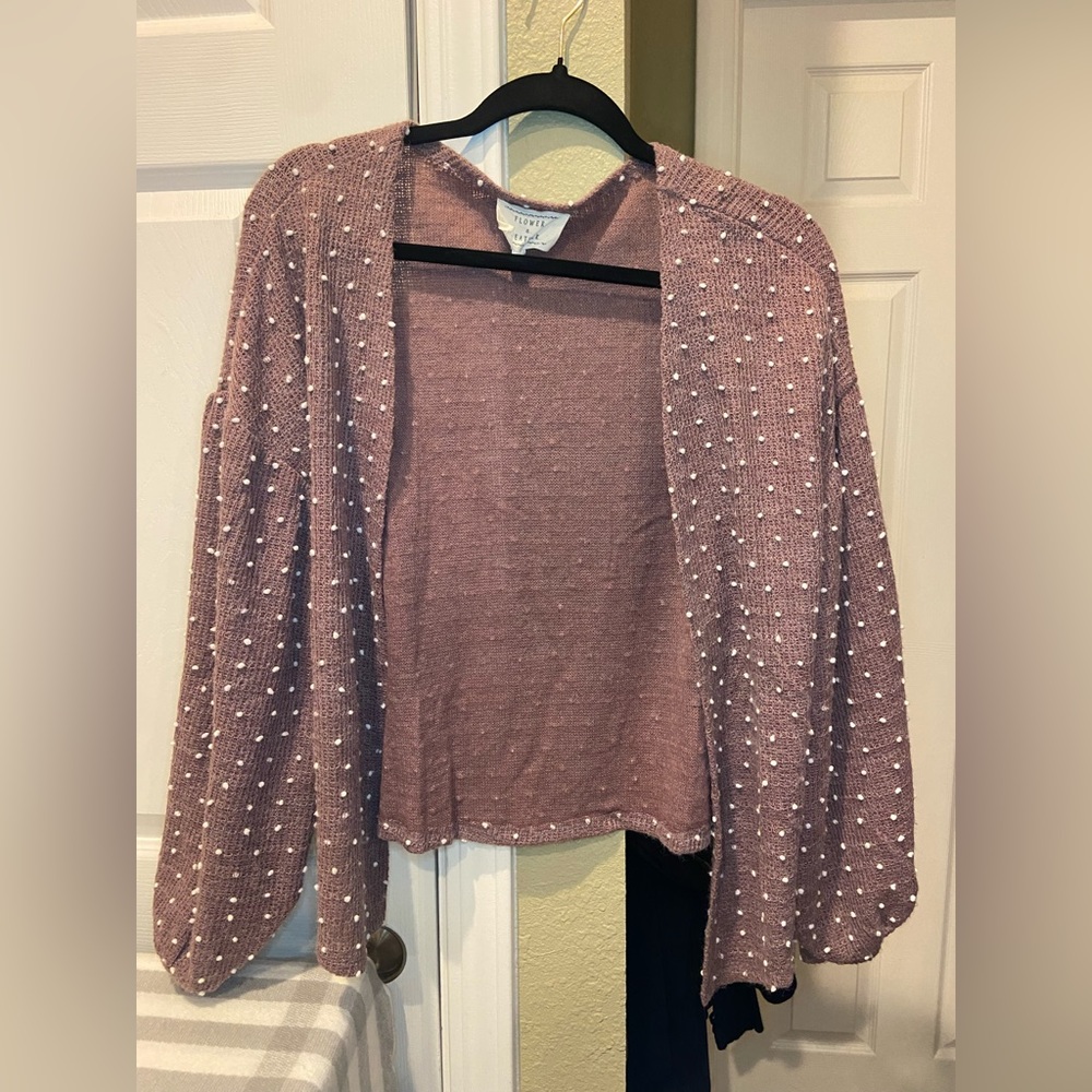 Flower and Feather purple knit connect the dot open front cardigan size M.